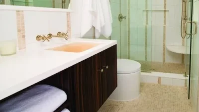 Bathroom with Solid white quartz countertop