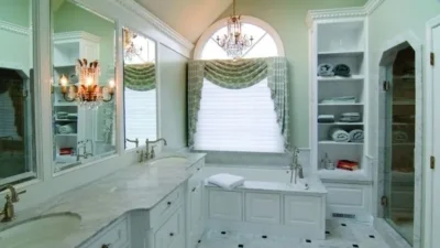 White bathroom with white and black tile